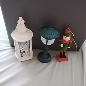 Festive Holiday Decor Set - White Lantern, Green Lamp, and Elf Figurine